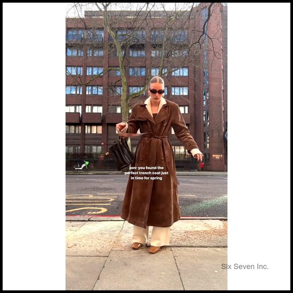 Faux Suede Long Trench Coat Notched Lapel Double Breasted Slim Fit Elegant - Picture 7 of 7